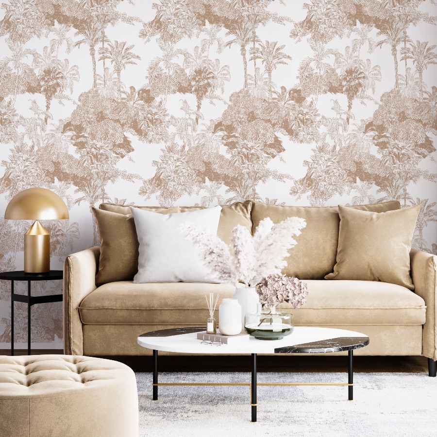 Beige toile de jouy self adhesive wallpaper in peel and stick by the Wallberry