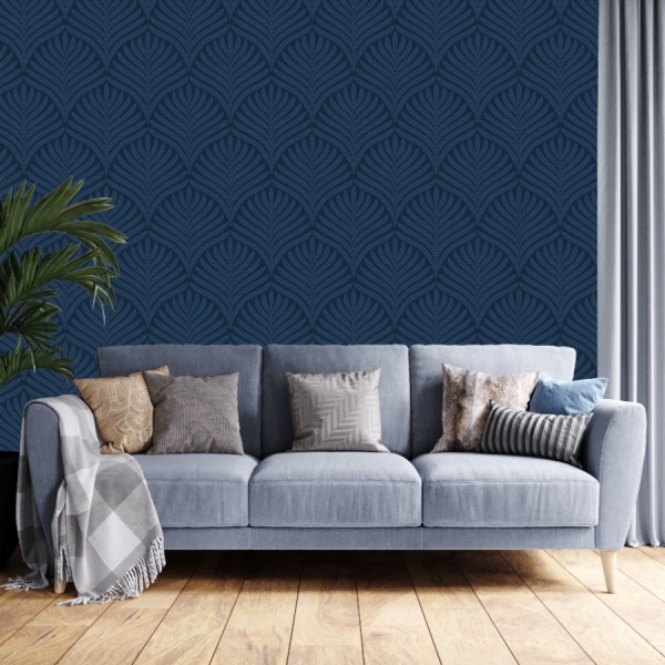 navy art deco wallpaper with leaf pattern by The Wallberry