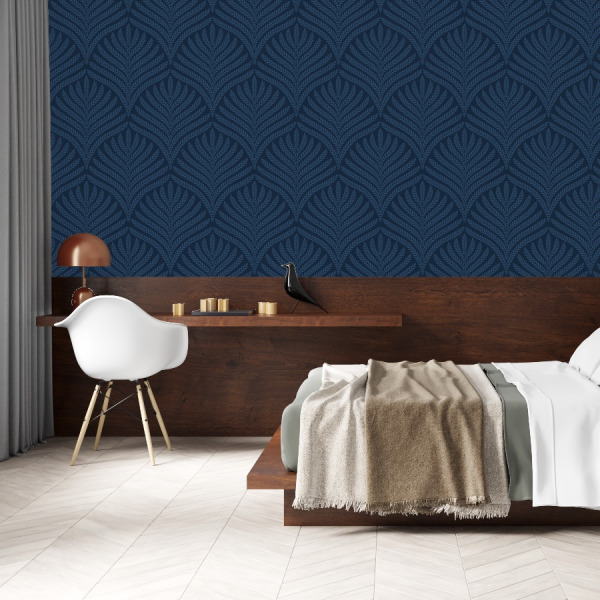 navy art deco wallpaper with leaf pattern by The Wallberry