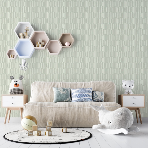 sage green geometric wallpaper with honeycomb pattern in peel and stick by The Wallberry