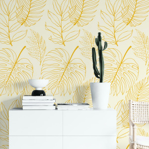 tropical yellow wallpaper with palm leaves in peel and stick by The Wallberry