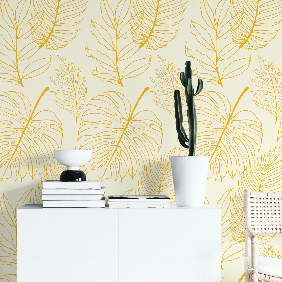 Tropical Yellow Wallpaper - Palm Leaves Peel and Stick - The Wallberry