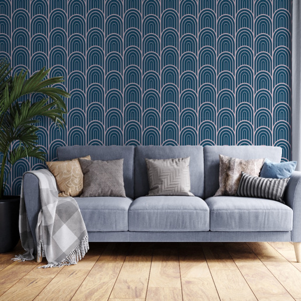 navy art deco wallpaper in blue and pink self adhesive material by The Wallberry