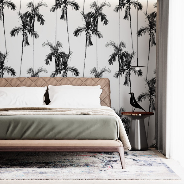 palm tree wallpaper, black and white peel and stick by The Wallberry