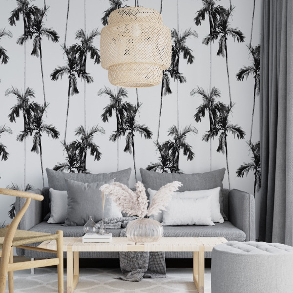 palm tree wallpaper, black and white peel and stick by The Wallberry