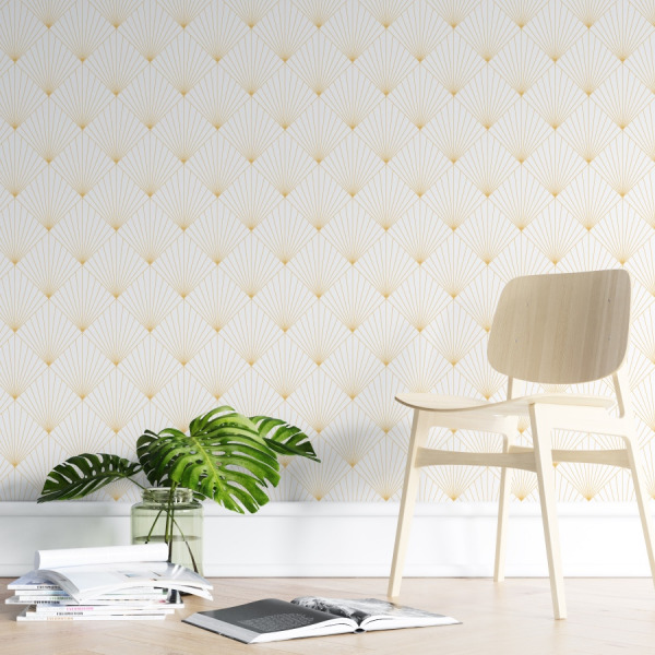 white art deco wallpaper with yellow lines in peel and stick