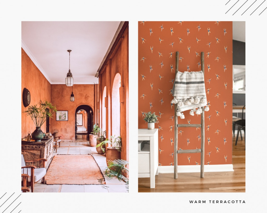 warm terracotta wallpaper as one of interior color trends