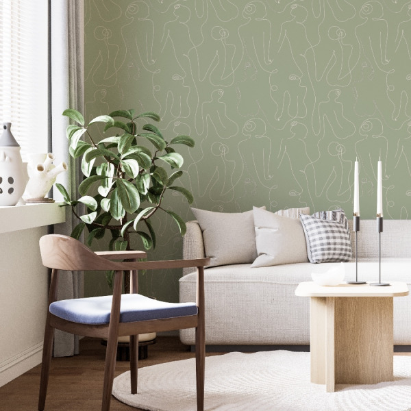 Sage Green Feminine Wallpaper for walls in peel and stick