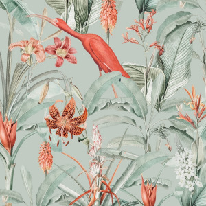 tropical birds wallpaper, sage green peel and stick