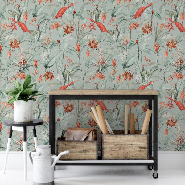 tropical birds wallpaper, sage green peel and stick