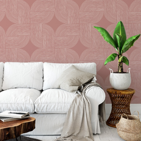 mauve wallpaper with abstract lines in peel and stick