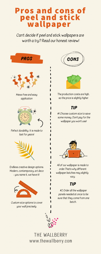 pros and cons of peel and stick wallpapers in an infographic