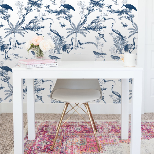 bird toile wallpaper in peel and stick