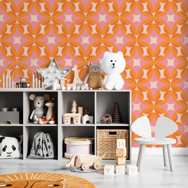 orange retro geometric wallpaper in peel and stick