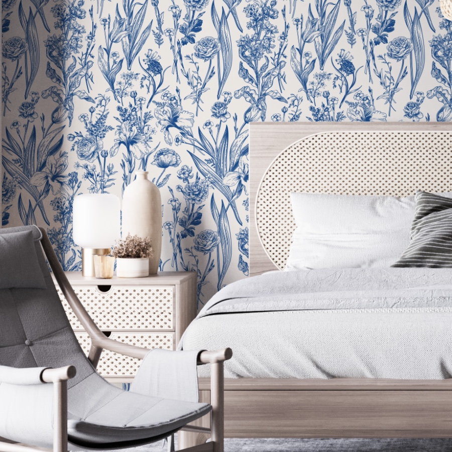 Blue Vintage Floral Wallpaper - Peel and Stick - The Wallberry