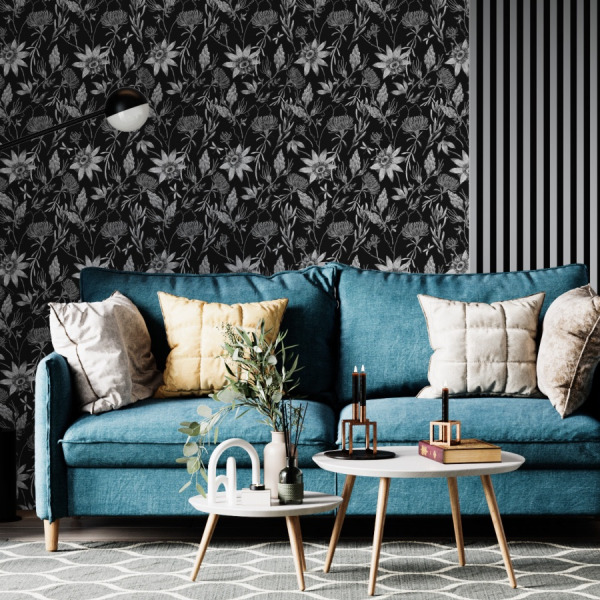 black floral wallpaper in peel and stick