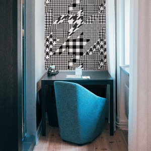houndstooth wallpaper in a home office, black and white, peel and stick wallpaper by the wallberry