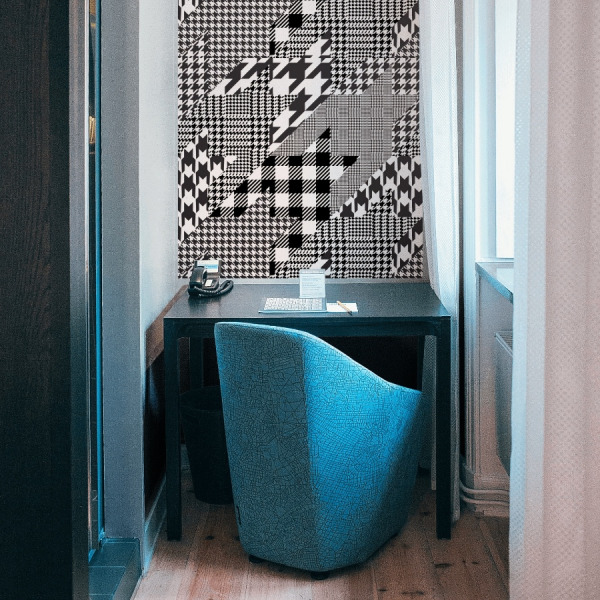 houndstooth wallpaper in a home office, black and white, peel and stick wallpaper by the wallberry