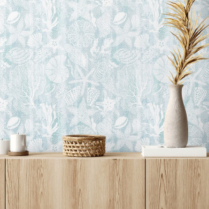 blue coastal wallpaper with seashells and starfish in peel and stick