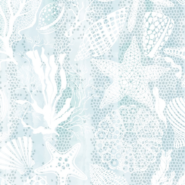 blue coastal self adhesive wallpaper with seashells and starfish in peel and stick