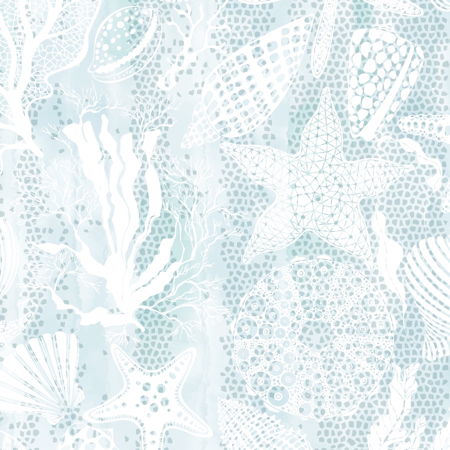 blue coastal wallpaper with seashells and starfish in peel and stick